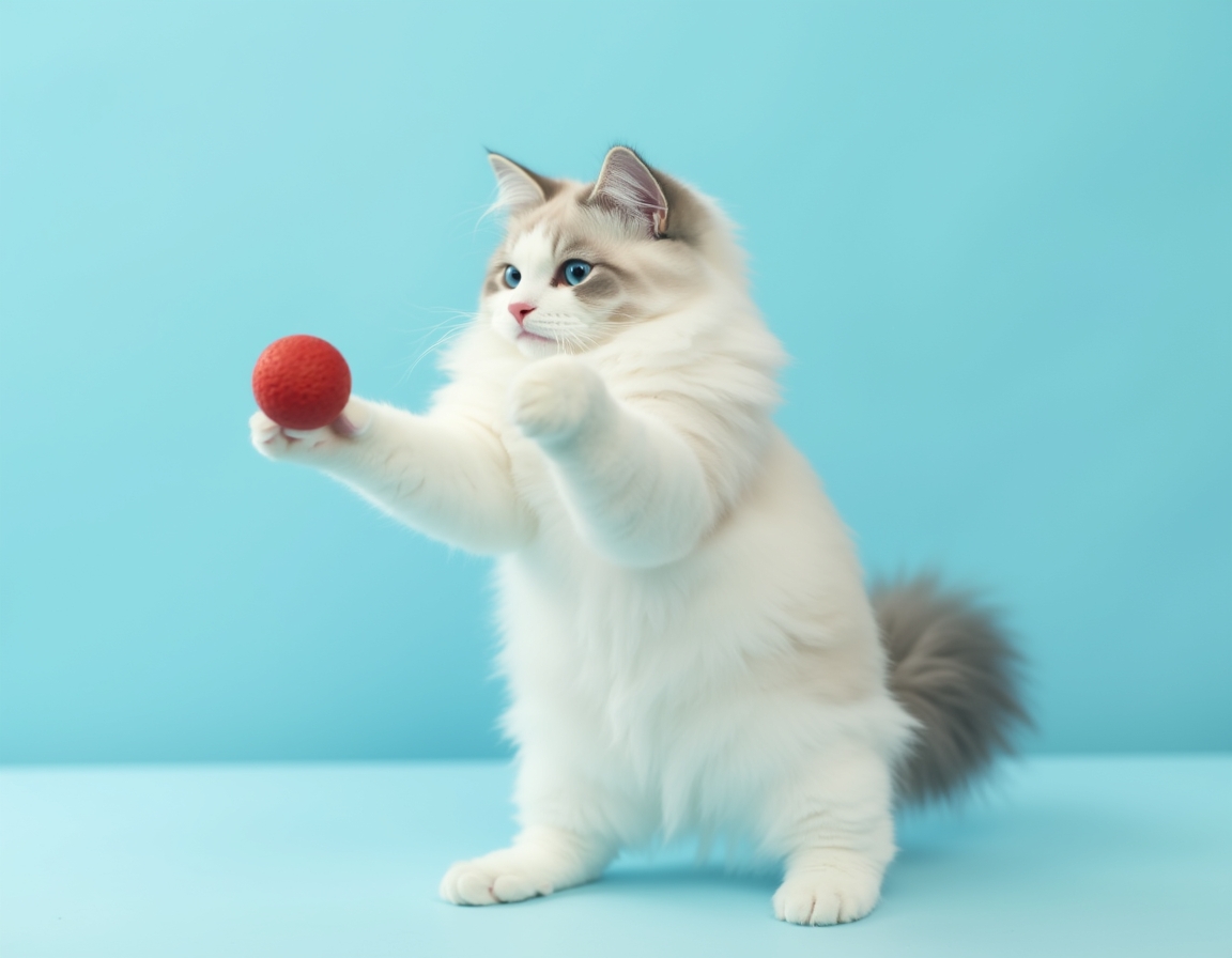Playful studio photo of cat interacting with a bright red ball. The cat is mid-action with its paw raised, and the pastel blue background and balanced lighting create a cheerful, vibrant atmosphere that highlights the cat’s agility and energy.